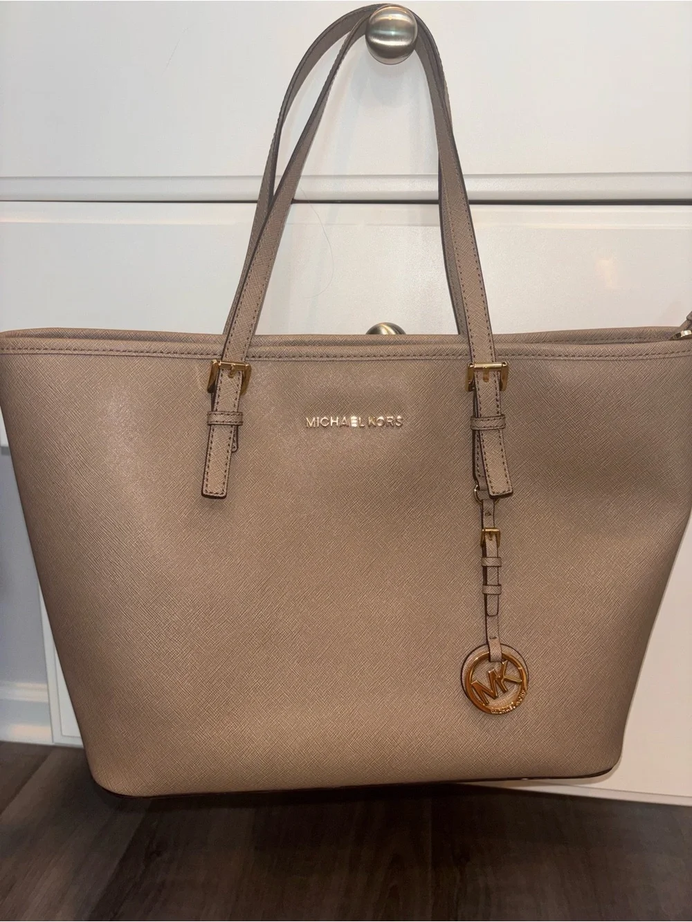Michael Kors Beige Saffiano Leather Tote with Gold Hardware